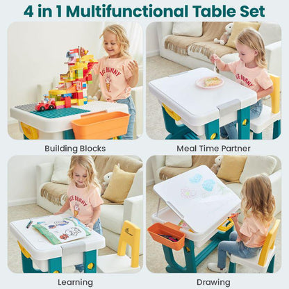 4-in-1 Kids Activity, Block & Study Table with Whiteboard + Storage + Chair