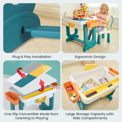 4-in-1 Kids Activity, Block & Study Table with Whiteboard + Storage + Chair