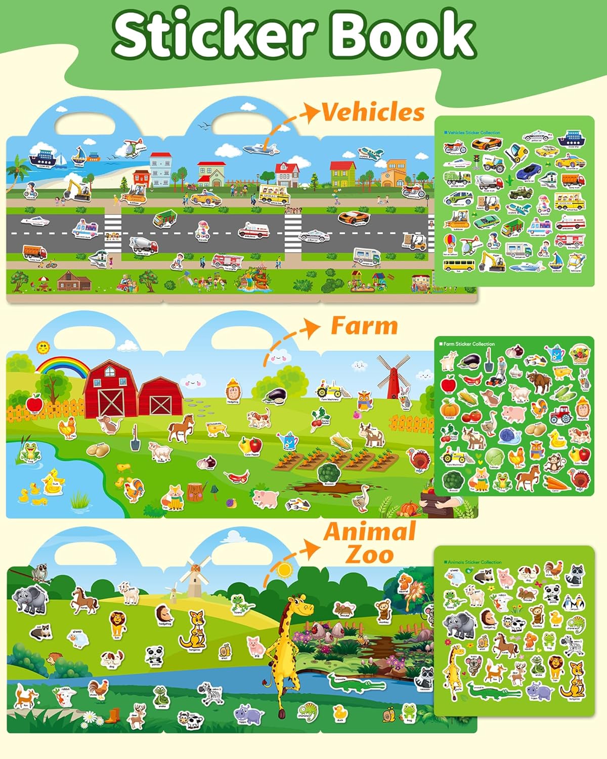 Kiddoland 🌈 Reusable Sticker Activity Books Combo – Vehicles, Farm & Animals Themes | Pack of 3