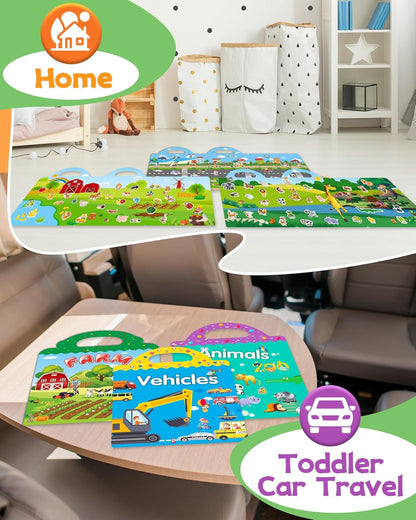 Kiddoland 🌈 Reusable Sticker Activity Books Combo – Vehicles, Farm & Animals Themes | Pack of 3