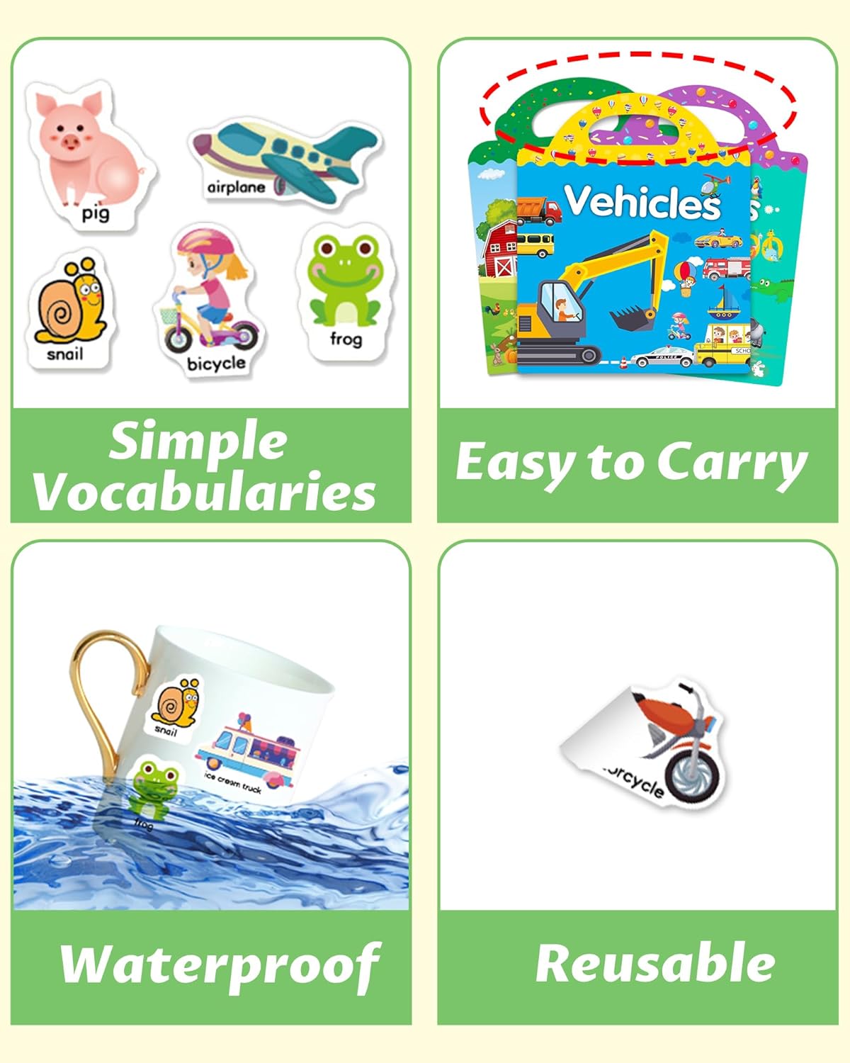Kiddoland 🌈 Reusable Sticker Activity Books Combo – Vehicles, Farm & Animals Themes | Pack of 3