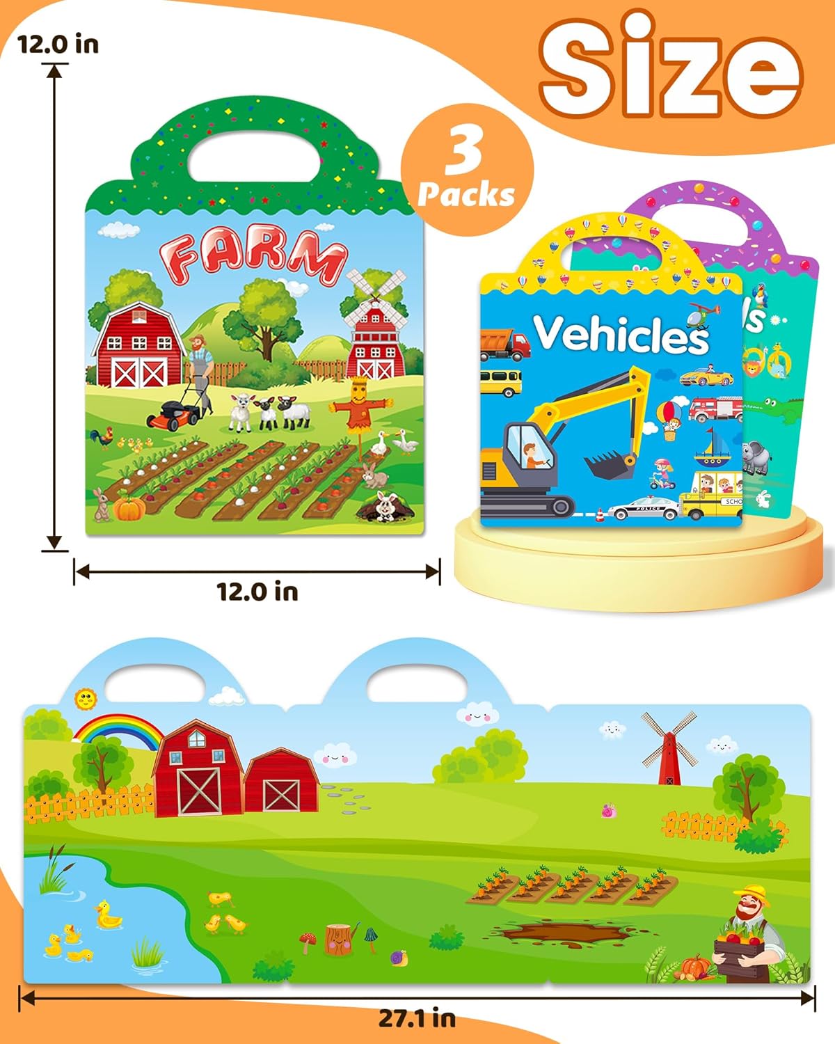 Kiddoland 🌈 Reusable Sticker Activity Books Combo – Vehicles, Farm & Animals Themes | Pack of 3