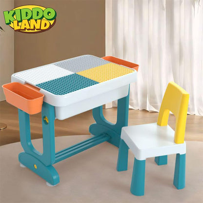 4-in-1 Kids Activity, Block & Study Table with Whiteboard + Storage + Chair